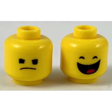 yellow minifigure head dual sided irritated frown smile with wide open mouth showing tongue pattern