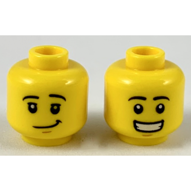 yellow minifigure head dual sided black eyebrows medium nougat chin dimple lopsided grin open mouth smile with teeth pattern