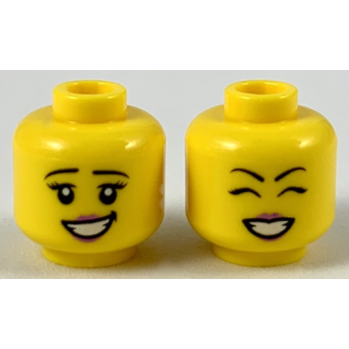 yellow minifigure head dual sided female black eyebrows medium lavender lips smile showing teeth eyes open eyes closed pattern