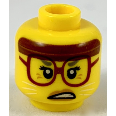 yellow minifigure head female reddish brown headband dark red glasses white cat whiskers scowling pattern