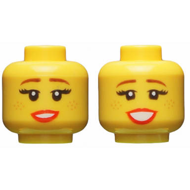 yellow minifigure head dual sided female reddish brown eyebrows freckles red lips medium smile large smile pattern