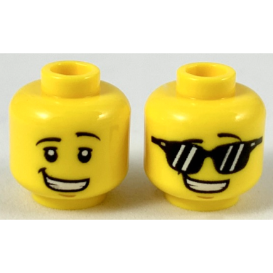 yellow minifigure head dual sided black eyebrows left raised lopsided smile black eyes sunglasses pattern