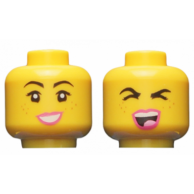 yellow minifigure head dual sided female black eyebrows freckles dark pink lips smile singing with eyes closed pattern