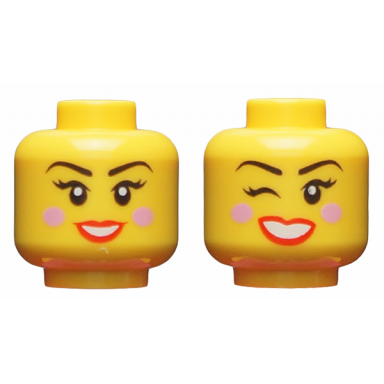 yellow minifigure head dual sided female black eyebrows bright pink blush red lips smiling winking right eye pattern