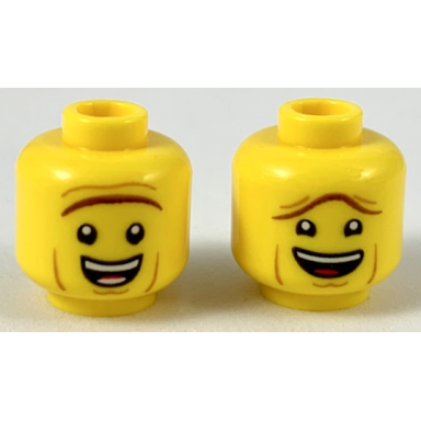 yellow minifigure head dual sided reddish brown unibrow open mouth smile raised unibrow lowered unibrow pattern president business
