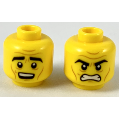 yellow minifigure head dual sided black thick eyebrows medium nougat brow furrows and cheek lines surprised angry pattern