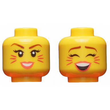 yellow minifigure head dual sided female reddish brown eyebrows magenta cat whiskers coral lips smiling singing with closed eyes pattern