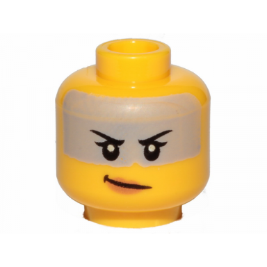 yellow minifigure head female black eyebrows gray band peach lips smile pattern