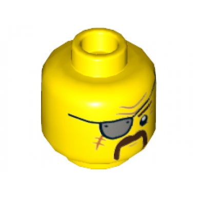yellow minifigure head gray eye patch moustache dark brown fu manchu scar wrinkles crows feet pattern