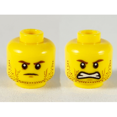 yellow minifigure head dual sided reddish brown eyebrows and stubble cheek lines frown open mouth grimace pattern