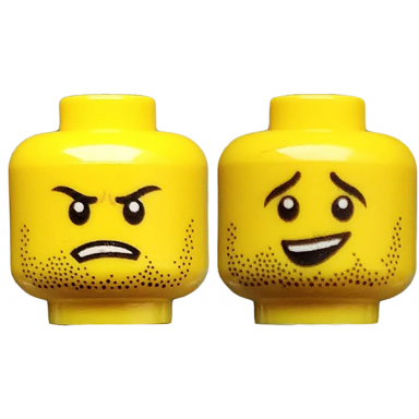 yellow minifigure head dual sided black stubble black eyebrows sheepish smile open mouth frown pattern