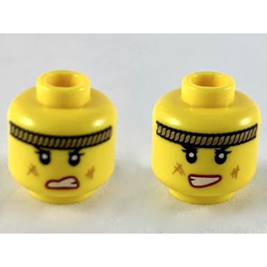 yellow minifigure head dual sided female dark tan rope headband red lips medium nougat scuff marks open mouth with teeth grimace lopsided smile pattern