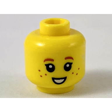yellow minifigure head child female dark orange eyebrows and freckles single eyelashes small open mouth smile with teeth pattern