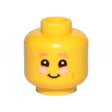 yellow minifigure head child dark pink eyebrows smile and pink cheeks pattern