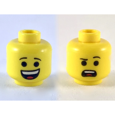 yellow minifigure head dual sided large open mouth grin confused with left eyebrow raised and open mouth pattern emmet