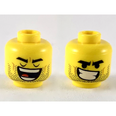 yellow minifigure head dual sided black eyebrows stubble closed eyes and wide open mouth lopsided grin with teeth pattern rex dangervest
