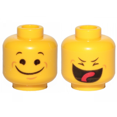 yellow minifigure head dual sided black eyes eyebrows wide closed mouth smile closed eyes smile with tongue pattern benny