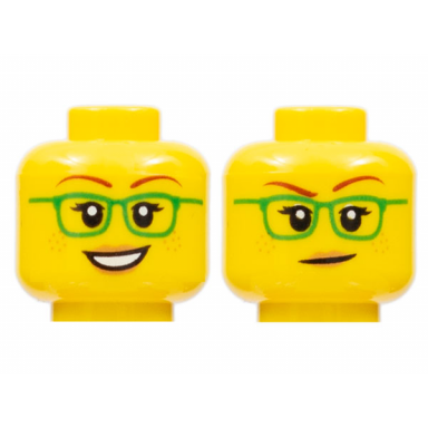 yellow minifigure head dual sided female green glasses smile closed mouth pattern
