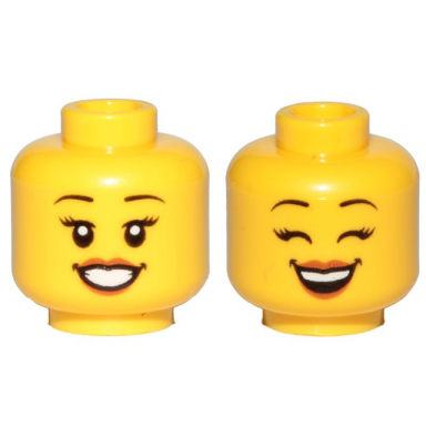 yellow minifigure head dual sided female black eyebrows eyelashes medium nougat lips smile teeth open eyes closed eyes pattern