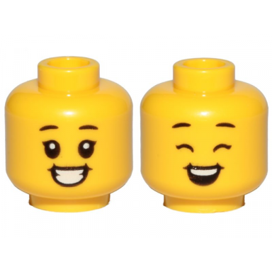 yellow minifigure head dual sided child black eyebrows big smile teeth open eyes closed eyes pattern