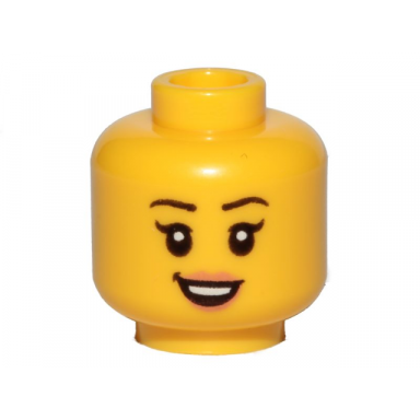 yellow minifigure head female black eyebrows single eyelashes nougat lips open mouth smile with top teeth pattern