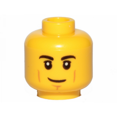 yellow minifigure head black eyebrows upper eyelids medium nougat cheek lines and chin dimple lopsided grin pattern