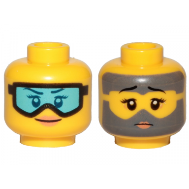 yellow minifigure head dual sided female light blue goggles orange lips smile covered with dirt goggles outline pattern