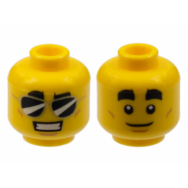 yellow minifigure head dual sided thick black eyebrows black sunglasses smile with teeth white pupils closed mouth pattern