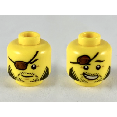 yellow minifigure head dual sided reddish brown eye patch black stubble and side whiskers neutral smiling with raised eye patch pattern
