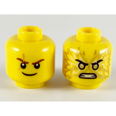 yellow minifigure head dual sided reddish brown eyebrows scar white pupils smile gold pupils fire angry pattern