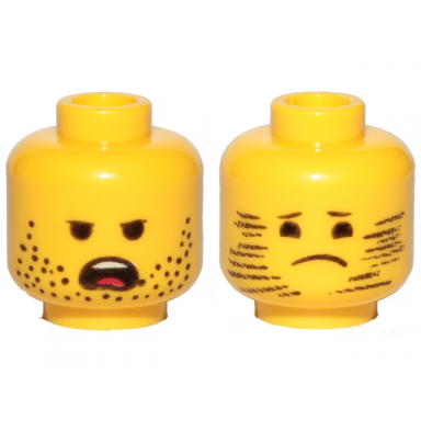 yellow minifigure head dual sided stubble angry stubble blurred sad pattern emmet