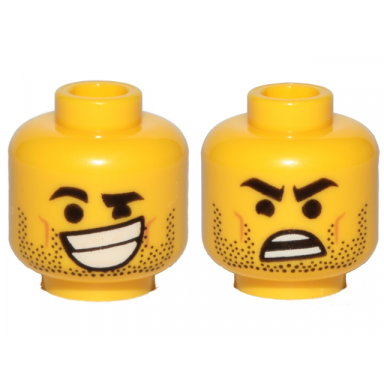 yellow minifigure head dual sided black eyebrows stubble lopsided grin with teeth surprised pattern rex dangervest