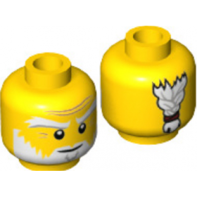 yellow minifigure head white and gray eyebrows beard and braided ponytail on back medium nougat wrinkles smile pattern sensei wu