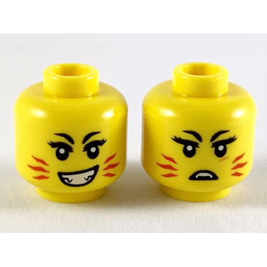 yellow minifigure head dual sided female red whiskers sharp teeth frown crooked smile pattern