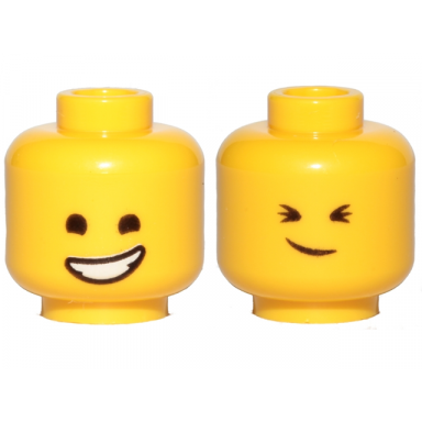 yellow minifigure head dual sided lopsided smile cheerful pattern emmet
