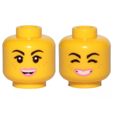 yellow minifigure head dual sided female black eyebrows freckles eyelashes pink lips open mouth smile cheerful pattern lucy