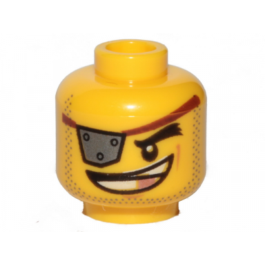 yellow minifigure head male silver eye patch with rivets wide smile with copper tooth stubble pattern metalbeard