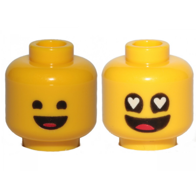 yellow minifigure head dual sided black standard eyes smile with tongue eyes with heart shape pupils pattern benny