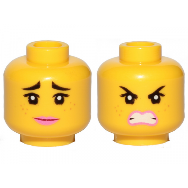 yellow minifigure head dual sided female black raised eyebrows freckles eyelashes pink lips smile furious pattern lucy