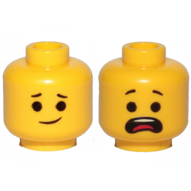 yellow minifigure head dual sided lopsided smile open mouth scared raised eyebrows pattern emmet