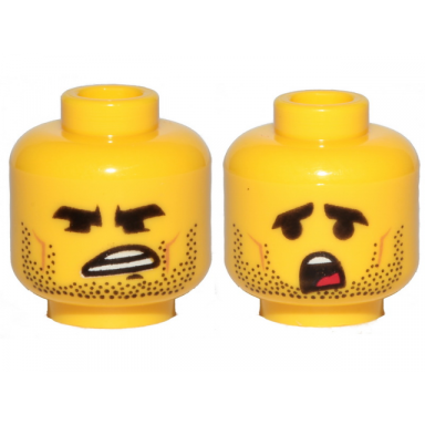 yellow minifigure head dual sided black eyebrows stubble angry confused pattern rex dangervest