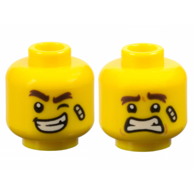 yellow minifigure head dual sided dark brown thick eyebrows bandage wink and lopsided open mouth smile with teeth scared pattern