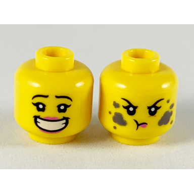 yellow minifigure head dual sided female pink lips big smile with teeth dirt stains angry pattern