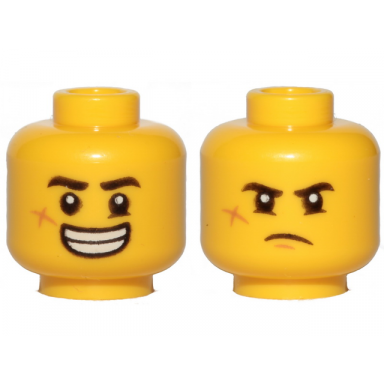yellow minifigure head dual sided black eyebrows cheek scar large smile with teeth grumpy pattern
