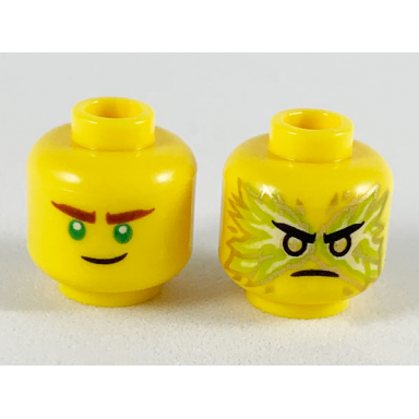 yellow minifigure head dual sided reddish brown eyebrows green eyes crooked smile black eyebrows gold eyes energy angry pattern lloyd