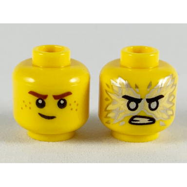 yellow minifigure head dual sided reddish brown eyebrows white pupils lopsided smile black eyebrows flat silver eyes energy angry pattern jay
