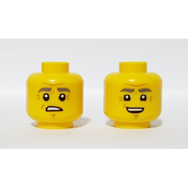 yellow minifigure head dual sided dark bluish gray eyebrows wrinkles worried smile pattern