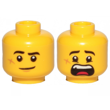 yellow minifigure head dual sided black eyebrows cheek scar lopsided smile scared pattern