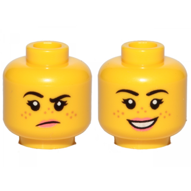 yellow minifigure head dual sided female freckles pink lips raised right eyebrow grumpy smile pattern
