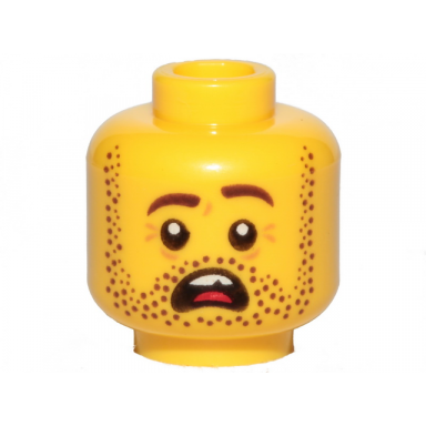 yellow minifigure head dark brown beard stubble dark brown eyebrows left raised open mouth teeth and tongue scared pattern